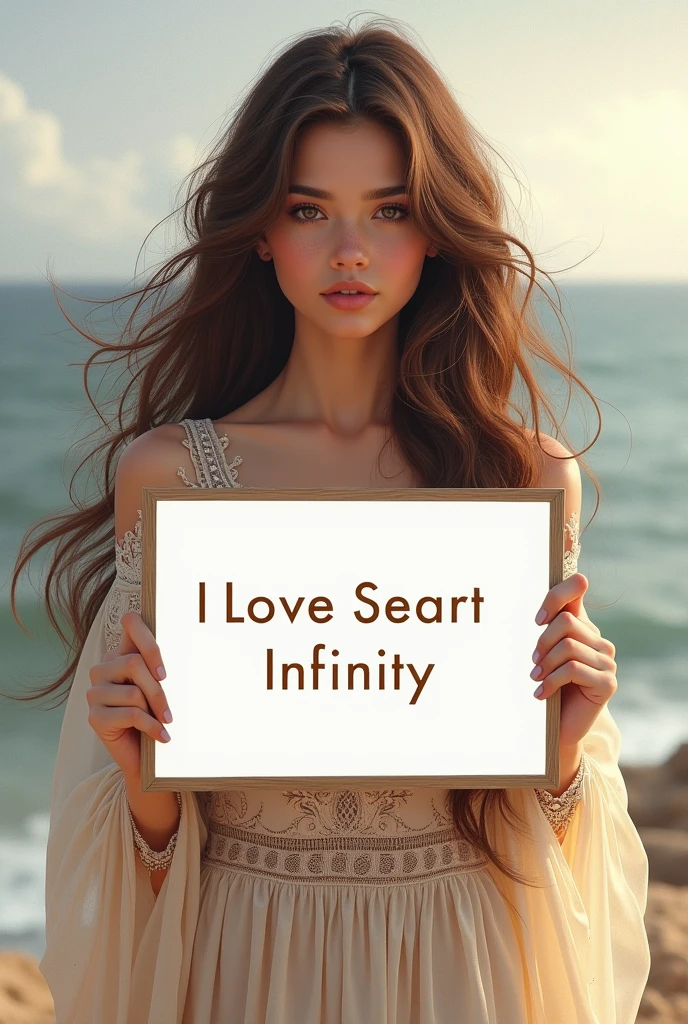 Beautiful girl with wavy long hair, bohemian dress, holding a white board with text "I Love Seaart Infinity" and showing it to the viewer