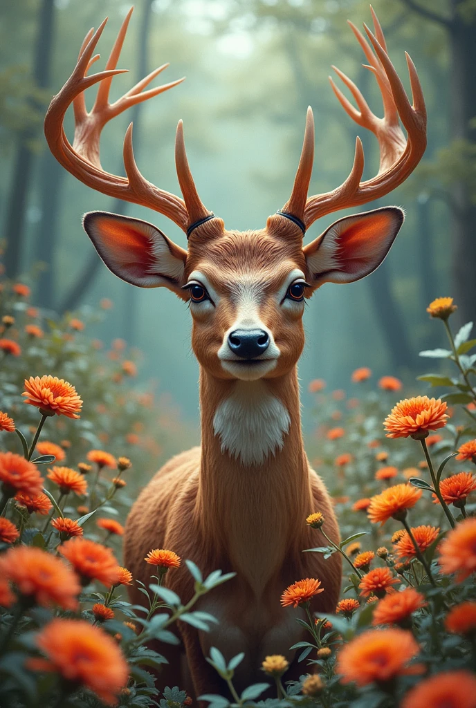 Fantasy,deer,From the neck up,It is surrounded by colorful flowers.
