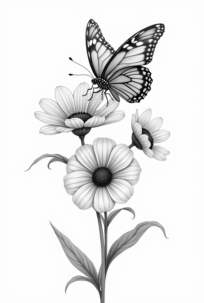 a bunch of flowers with a large butterfly on top of one flower, delicate drawing, realisitic, tattoo design, black andwhite