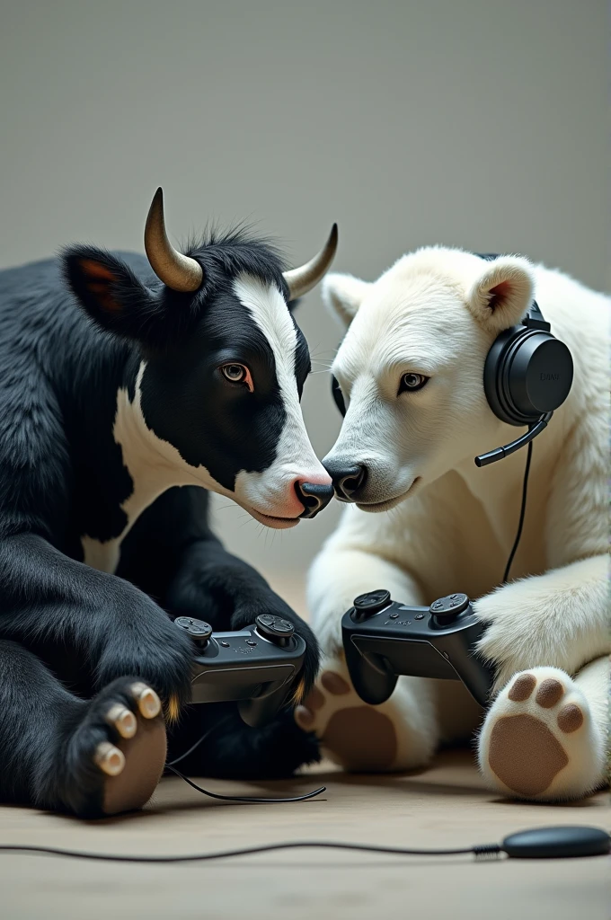 A black and white cow and a polar bear theme realism Playing video game with controls in hands and with headset 