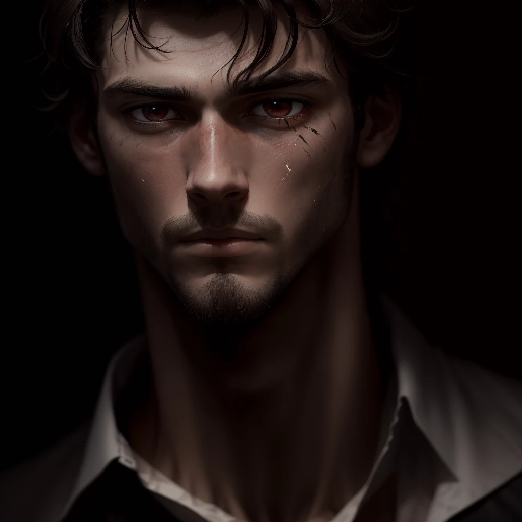 A masterpiece of the highest quality and the best beauty, showing a man with a scratch on his eye (1.2), His eyes are red, the shape of his pupils is lined like an animal. dark, black background, only showing the head, back shirt, the collar of his shirt covers his neck, no beard, no moustache, long hair to the front