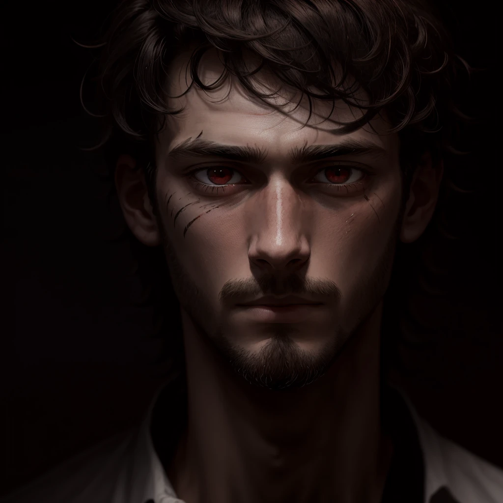 A masterpiece of the highest quality and the best beauty, showing a man with a scratch on his eye (1.2), His eyes are red, the shape of his pupils is lined like an animal. dark, black background, only showing the head, back shirt, the collar of his shirt covers his neck, no beard, no moustache, long hair to the front