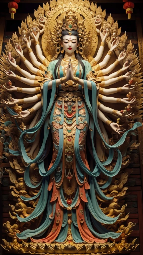  statue of guan yin made of jade and jewelry, crystal clear and shinning, beautyfull  face, multiple hands holding some treasure weapons , detailed hands,  floating red ruby lotus , full body, masterpieces, super detail, epic composition, ultra HD, high quality, extremely detailed, official art, unified 8k wallpaper, Super detail, 