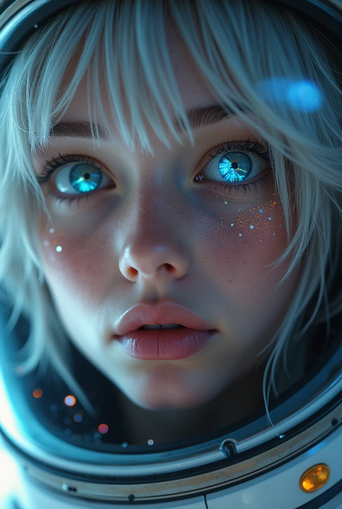 (Close-up of a better masterpiece:1.5)0.9], (Space and astronauts:1.2) (Messy silver hair:1.1) (Heterochromia xanthochromia and blue eyes:1.2) (Space Helmet:1.0) (Colored stars in the eyes:1.0) (A radiant glow:1.1) (thick lips:0.9)