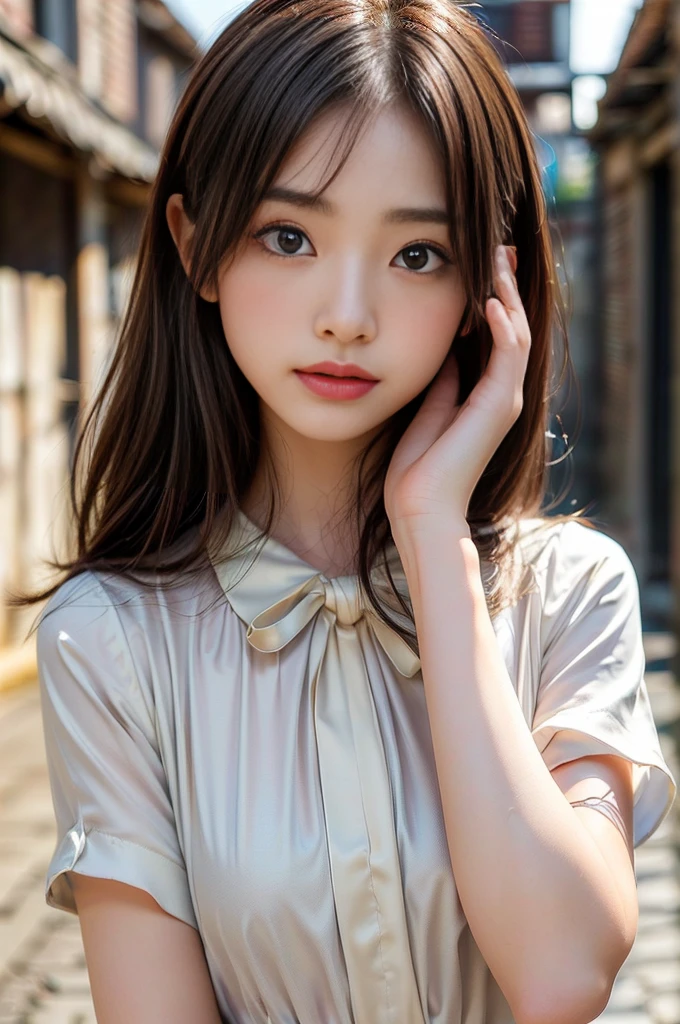 (masterpiece:1.5)、(Realistic:1.5)、(Highest quality:1.4、8k、RAW Photos)、Ultra-high resolution、19 years old、Japanese women、Cute woman:1.4、(1 girl)、slender、Medium Hair、Dark brown hair color、(Realistic depiction of eyes:1.3)、(The catchlights in both eyes are the same:1.3)、Dark brown eyes、Beautiful Eyes、double eyelid、Natural Makeup、Professional Lighting、Background blur、Perfect and dynamic composition、Sophisticated、超Realistic、Attention to detail、Realistic looking skin、cute blouse、eductive poses in deserted alleys in the evening:1.3)