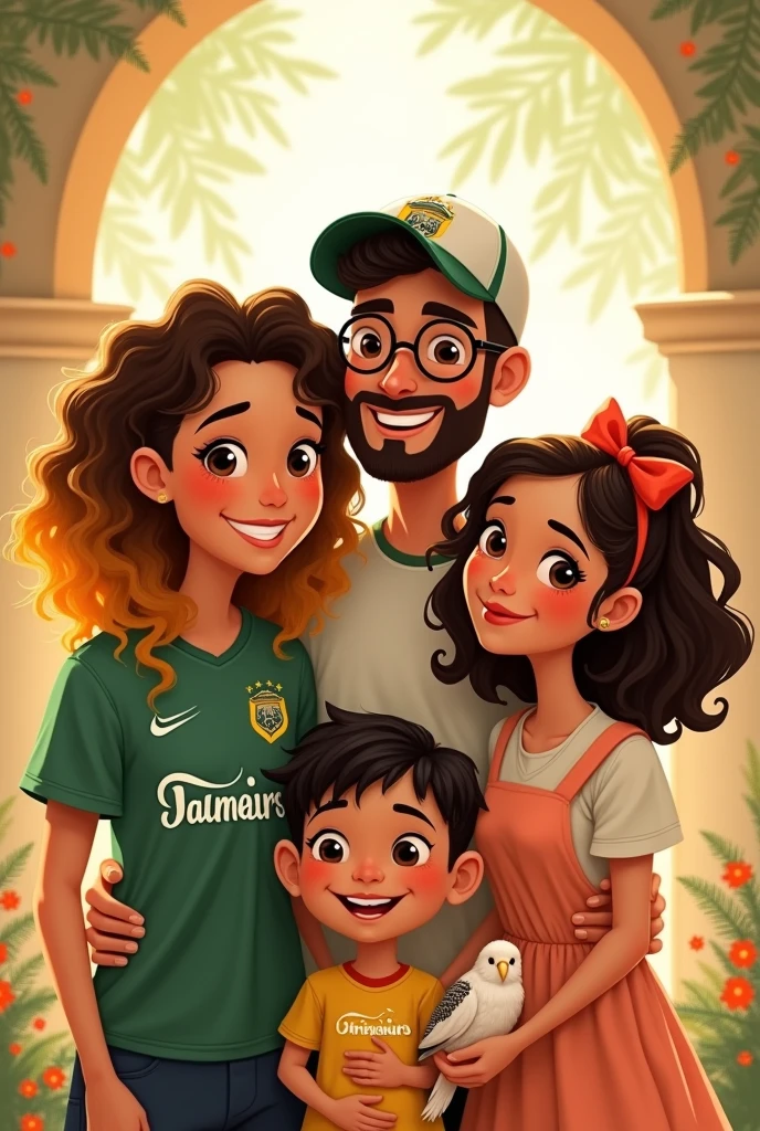 A drawing of a family of 4 all smiling, the mother with dark roots has blonde highlights and very curly hair. the father with a cap, he is bald and has a short Palmeiras shirt. the son has short dark hair and glasses and is holding a cockatiel.  youngest daughter with long brown curly hair with a red bow, the daughter is smaller than the boy. Disney  style 