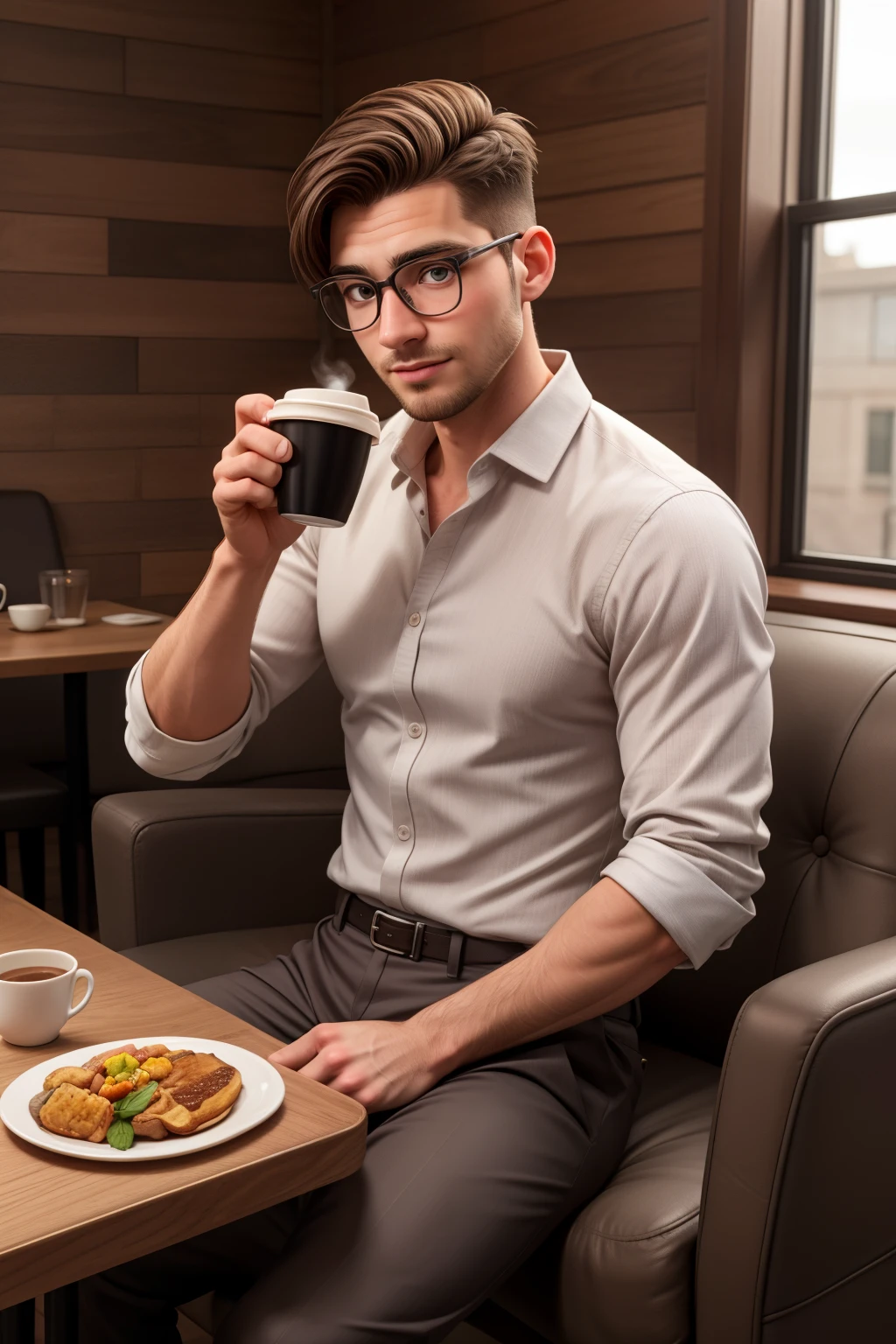 best quality, High resolution, distinct image, man, 30s, male, with glasses, tall, short hair and brown dress shirt, dress pants, dress shoes, sitting at the breakfast table, drinking coffee,
