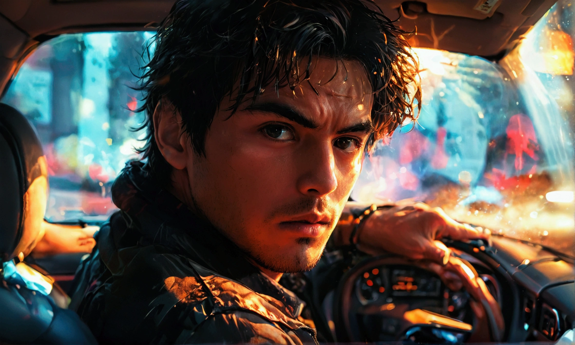 A MAN INSIDE THE CAR DRIVING,manga style art,manga style art
