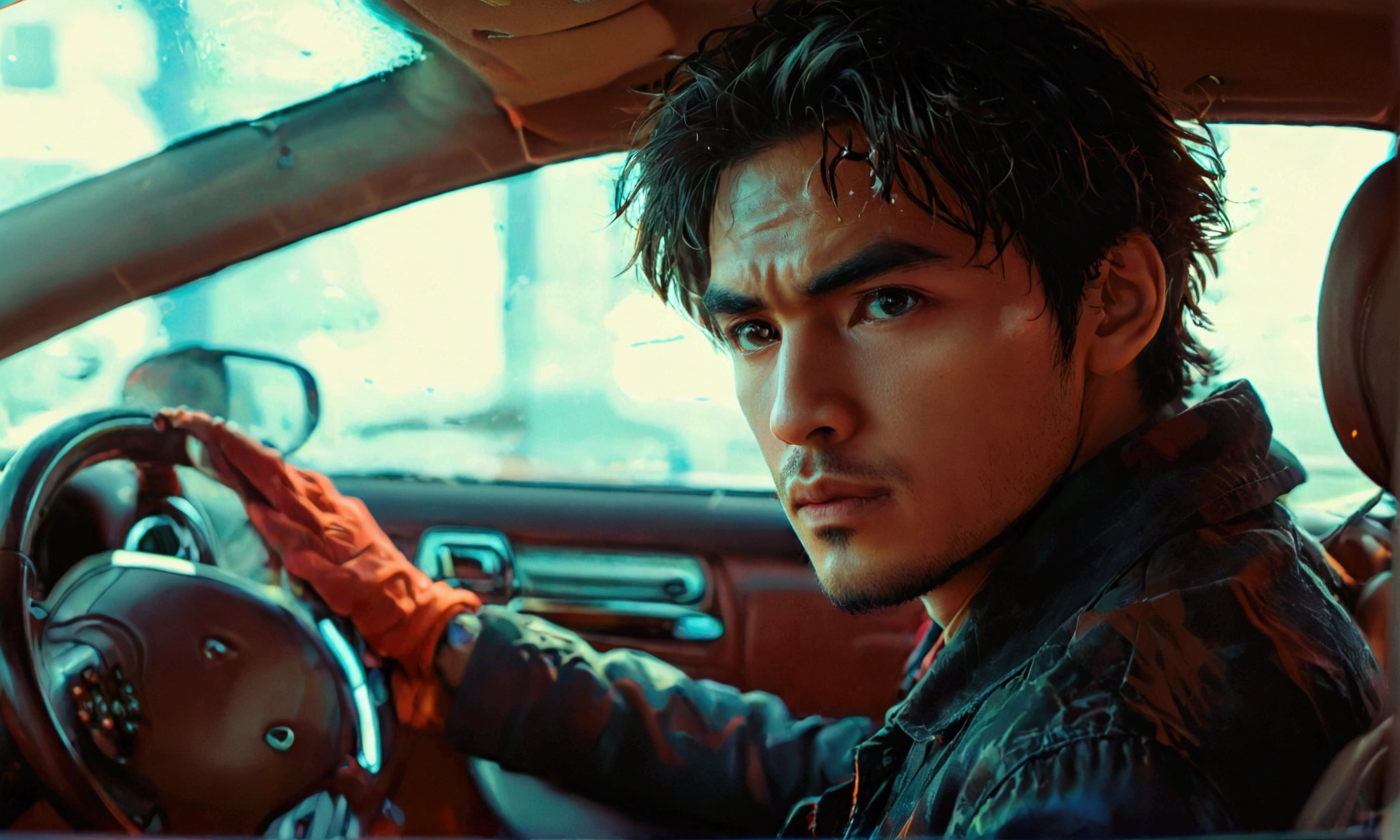 A MAN INSIDE THE CAR DRIVING,manga style art,manga style art