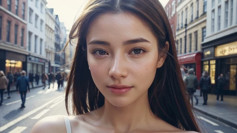 dressed, (photo realistic:1.4), (hyper realistic:1.4), (realistic:1.3), (smoother lighting:1.05), (increase cinematic lighting quality:0.9), 32K, 1girl,20yo girl, realistic lighting, backlighting, light on the face, ray trace, (brightening light:1.2), (Increase quality:1.4), (best quality real texture skin:1.4), finely detailed eyes, finely detailed happy face, finely quality eyes, (tired and sleepy and satisfied:0.0), face closeup, Take a walk on the street of London, (Increase body line mood:1.1), (Increase skin texture beauty:1.1)