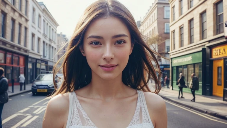 dressed, (photo realistic:1.4), (hyper realistic:1.4), (realistic:1.3), (smoother lighting:1.05), (increase cinematic lighting quality:0.9), 32K, 1girl,20yo girl, realistic lighting, backlighting, light on the face, ray trace, (brightening light:1.2), (Increase quality:1.4), (best quality real texture skin:1.4), finely detailed eyes, finely detailed happy face, finely quality eyes, (tired and sleepy and satisfied:0.0), face closeup, Take a walk on the street of London, (Increase body line mood:1.1), (Increase skin texture beauty:1.1)