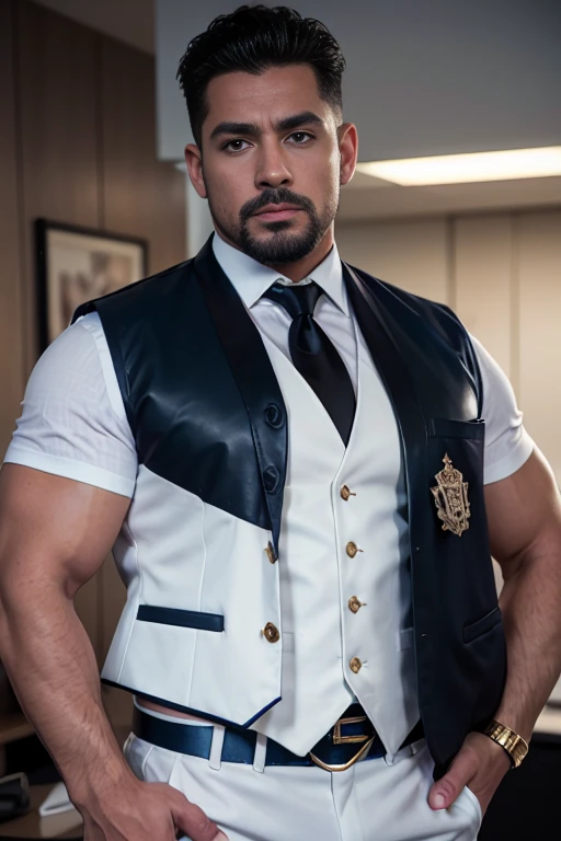 HD 4k wallpaper handsome man blanco muscular strong and muscular legs, physicist-culturist ,((( well-built))), big lump, in white pants, (((White shirt and black tie and blue checked vest with gold trim))), well-built, eyes alpha, close up, perfect hands with leather gloves, With a goatee (((big bulge)))
captivating eyes, perfect face, hyper realistic ultra realistic great detail, in the office, eyes, 30 años de edad