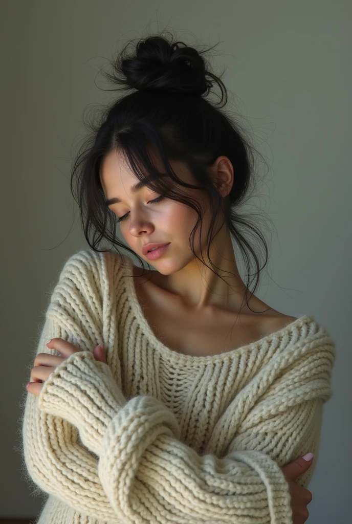 The image features a young woman in a relaxed, introspective pose, wearing a sizeable, chunky knitted sweater that seems to offer comfort or warmth. Her eyes are closed, and her head is gently resting on her crossed arms, suggesting a moment of quiet contemplation, rest, or perhaps solitude. The palette of the image is muted, dominated by soft, neutral colors—the beige of the sweater against a pale, nondescript background—providing a sense of calmness or serenity. Her hair is casually tossed up into a messy bun, which, together with the overall soft tone of the image and her gentle pose, contributes to an intimate, cozy atmosphere. The subject's expression cannot be fully seen, but the slight furrow in her brow may hint at concentration or a touch of emotional strain. The minimalist composition of the image draws the viewer’s attention entirely to the young woman, encapsulating a private moment of stillness in a seemingly fast-paced world.