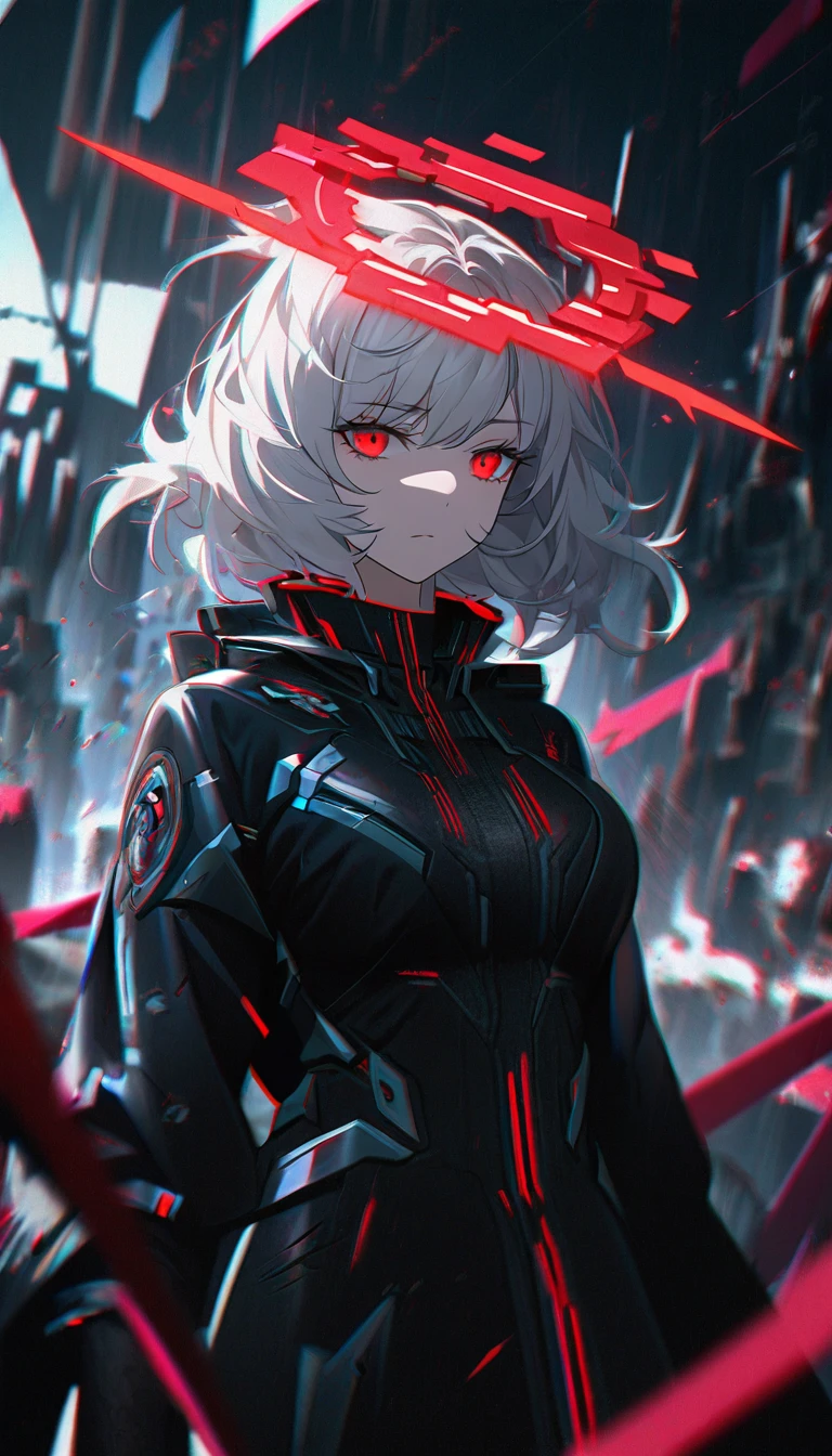 1girl, white hair, wild hair, red eyes, white eyelashes, emotionless, red glow halo, mature, black coat, short hair, chromatic aberration, corrupt image, reality break, destruction city, solo, (evil godness:1.2), digital dissolve, ambient energy