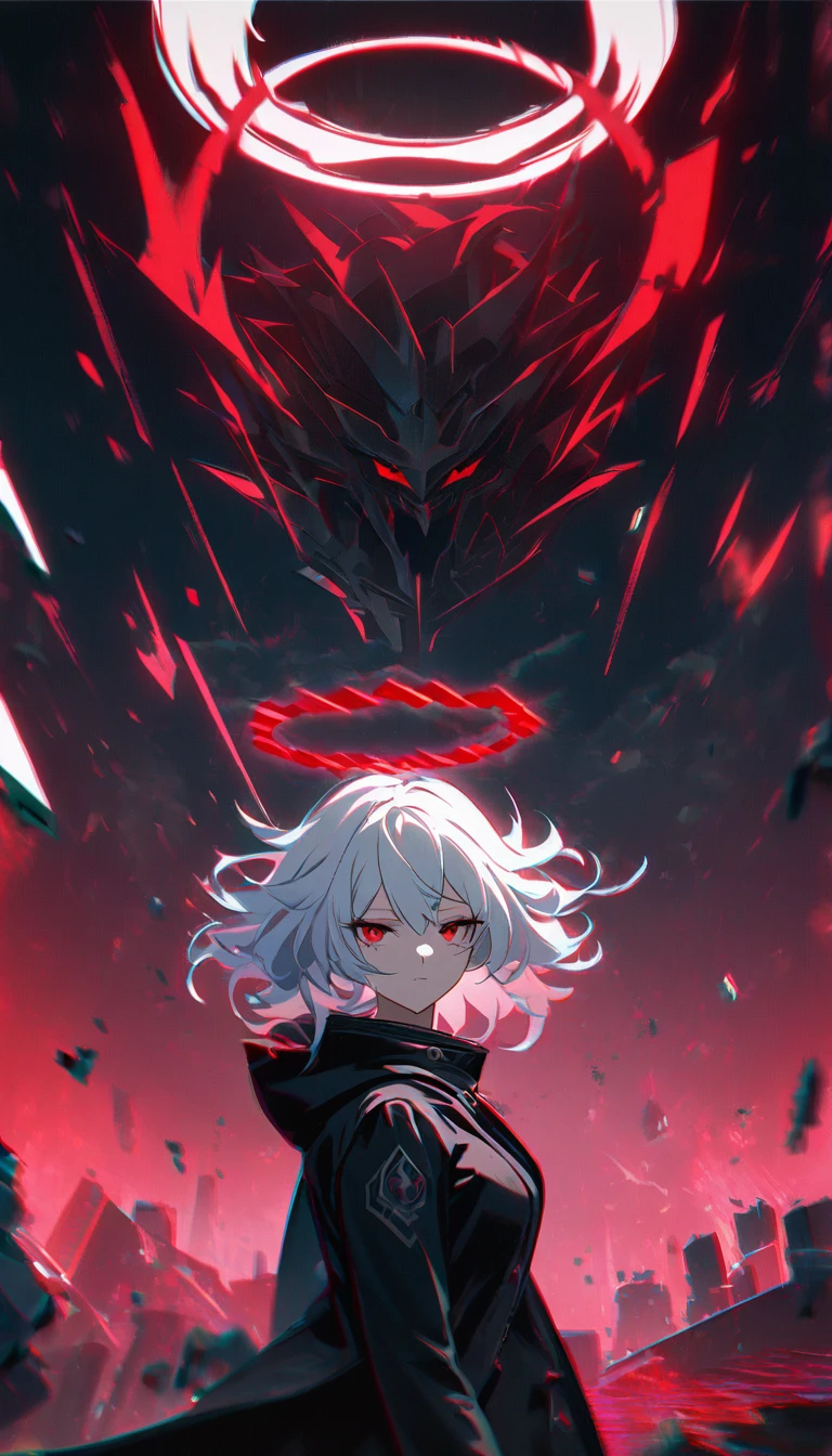 1girl, white hair, wild hair, red eyes, white eyelashes, emotionless, red glow halo, mature, black coat, short hair, chromatic aberration, corrupt image, reality break, destruction city, solo, (evil godness:1.2), digital dissolve, ambient energy