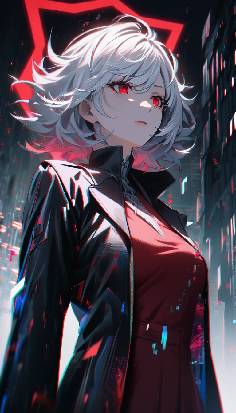 1girl, white hair, wild hair, red eyes, white eyelashes, emotionless, red glow halo, mature, black coat, short hair, chromatic aberration, corrupt image, reality break, destruction city, solo, (evil godness:1.2), digital dissolve, ambient energy