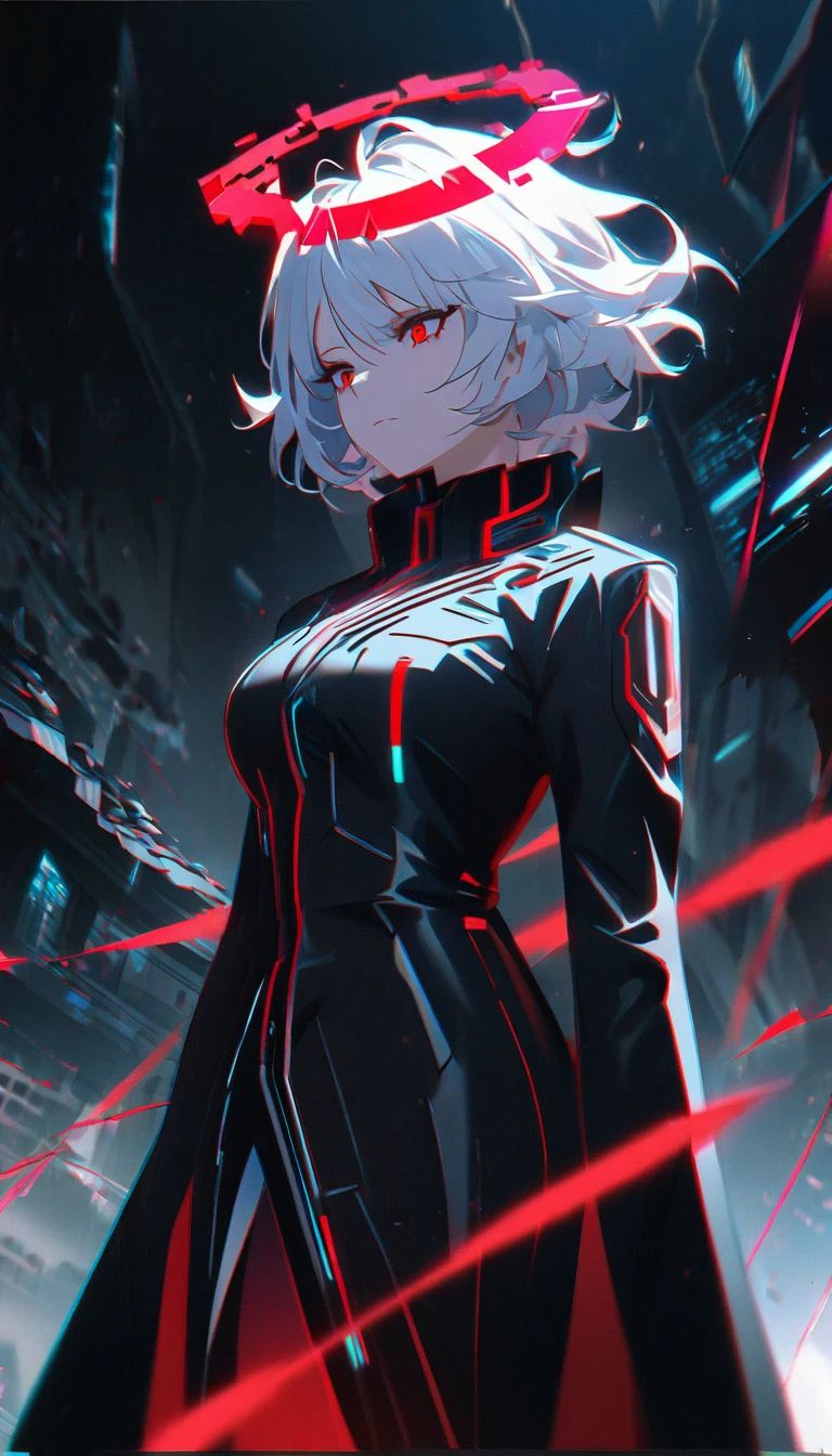 1girl, white hair, wild hair, red eyes, white eyelashes, emotionless, red glow halo, mature, black coat, short hair, chromatic aberration, corrupt image, reality break, destruction city, solo, (evil godness:1.2), digital dissolve, ambient energy
