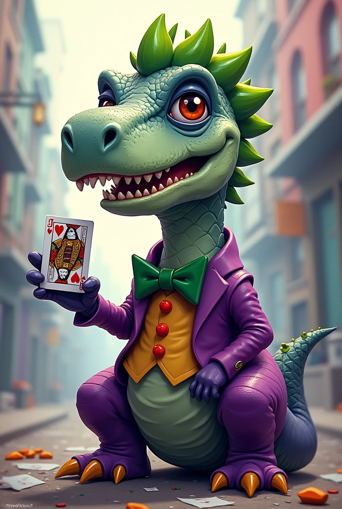 A cute Joker dinosaur with the Joker card in his hand
