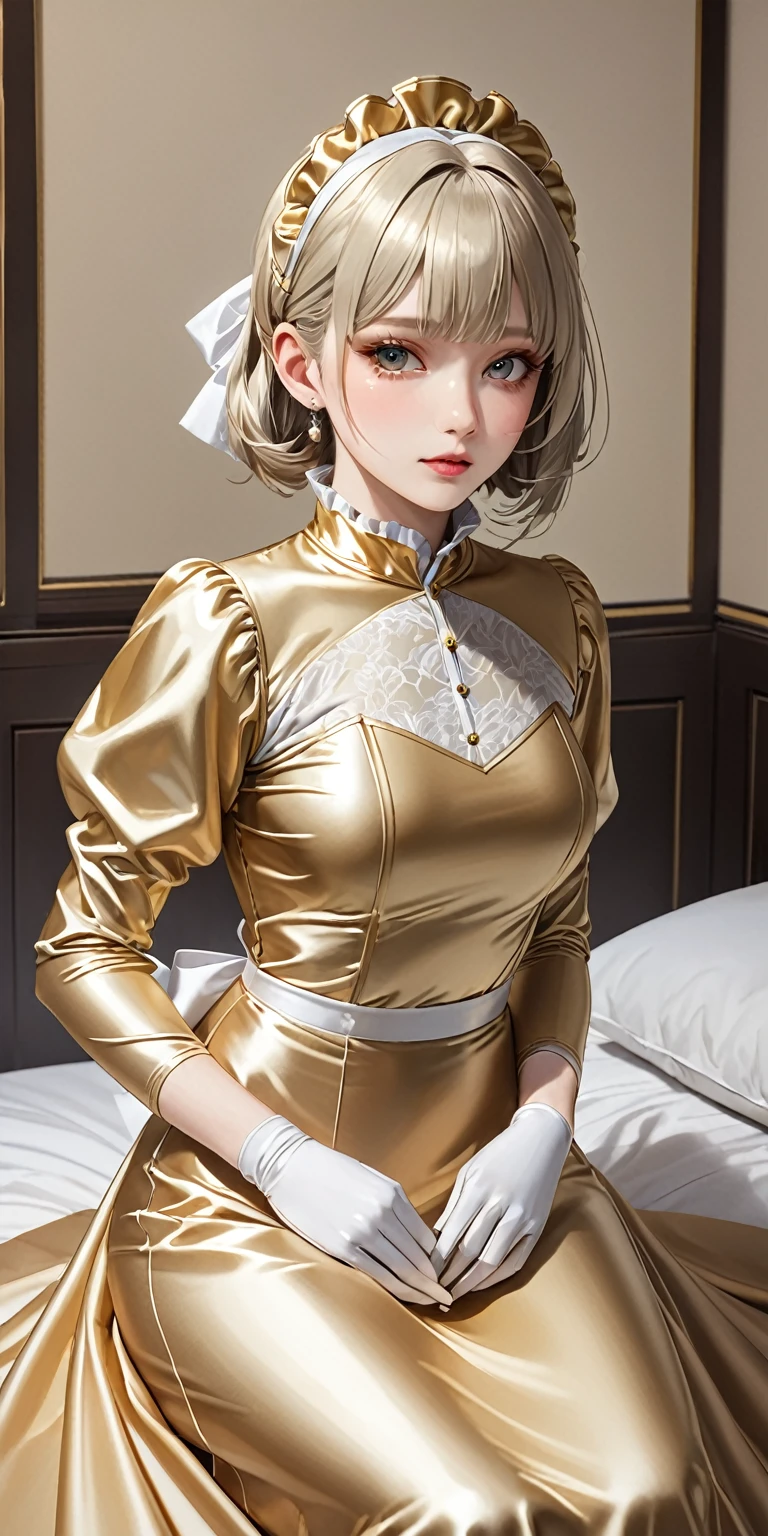 Portraiture、(masterpiece,Highest quality,Ultra-high resolution),Japanese women, Bob Hair、(((Very beautiful 25 year old girl)))、(She is wearing a shiny pale gold satin long sleeve maid outfit..)、The dress has a simple design without any patterns...、(((A long skirt made of pale gold satin.)))、Pale gold satin gloves、((Pale gold satin bodysuit))、Sitting on a pale gold satin bed
