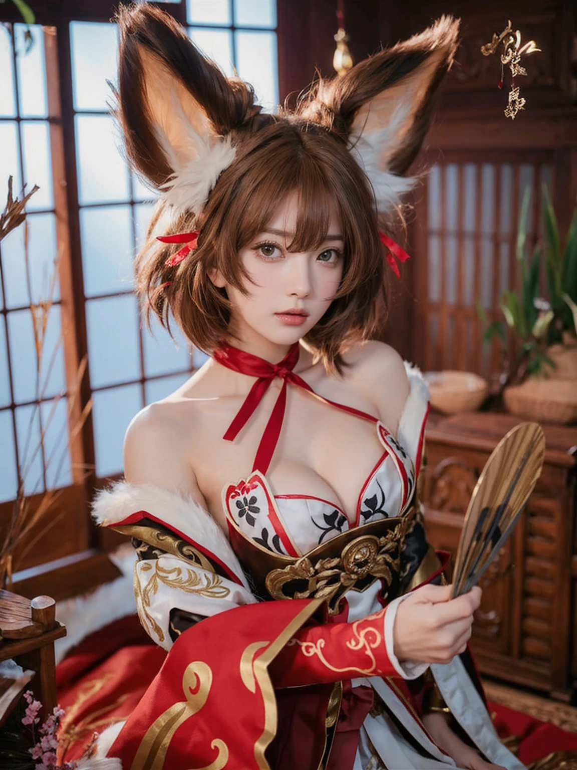 a young woman (larged-size-chest) cosplaying. She has large, fluffy brown and white fox ears, and her hair is short, brown with hints of red, and styled in a slightly messy way that frames her face. Her eyes green color. She wears an intricate costume featuring a mix of red, white, and brown, with golden accents and ornate patterns. The top part of her outfit exposes her shoulders, and a red ribbon ties around her neck. She holds a fan or similar object in her hand, which is partially obscured by her costume. The background consists of a traditional wooden room with large windows, soft lighting, and some decorative elements like wooden furniture and plants. The overall atmosphere is warm