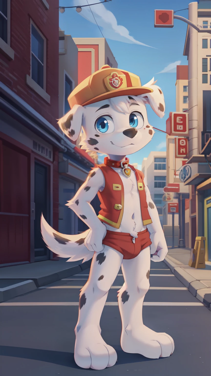 Marshall, young, dalmatian dog, furry boy, blue eyes, white hair, spiky hair, white body fur, grat hair, detailed body fur, detailed body, detailed face, detailed eyes, glistering body, shiny body, skinny, (best quality), cinematic lighting, looking at viewer, anime style, full body, feets with three toes, street, clear sky, 1boy, :3, tiny body, short body, anthro, {marshallpawpatrol}, marshall \(paw patrol\), raised tail, tailwag, firefighter hat, collar, red vest, clothed animal, bottomless, ((solo)), standing,