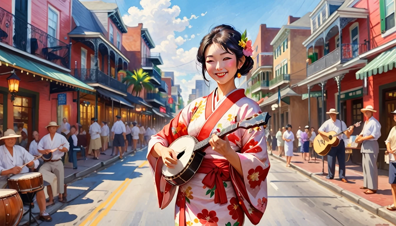 New Orleans, Louisiana, USA　Bourbon Street　A beautiful Japanese woman in a kimono happily plays the banjo along with a jazz band on a busy street in the American South during the day　waterPainterly