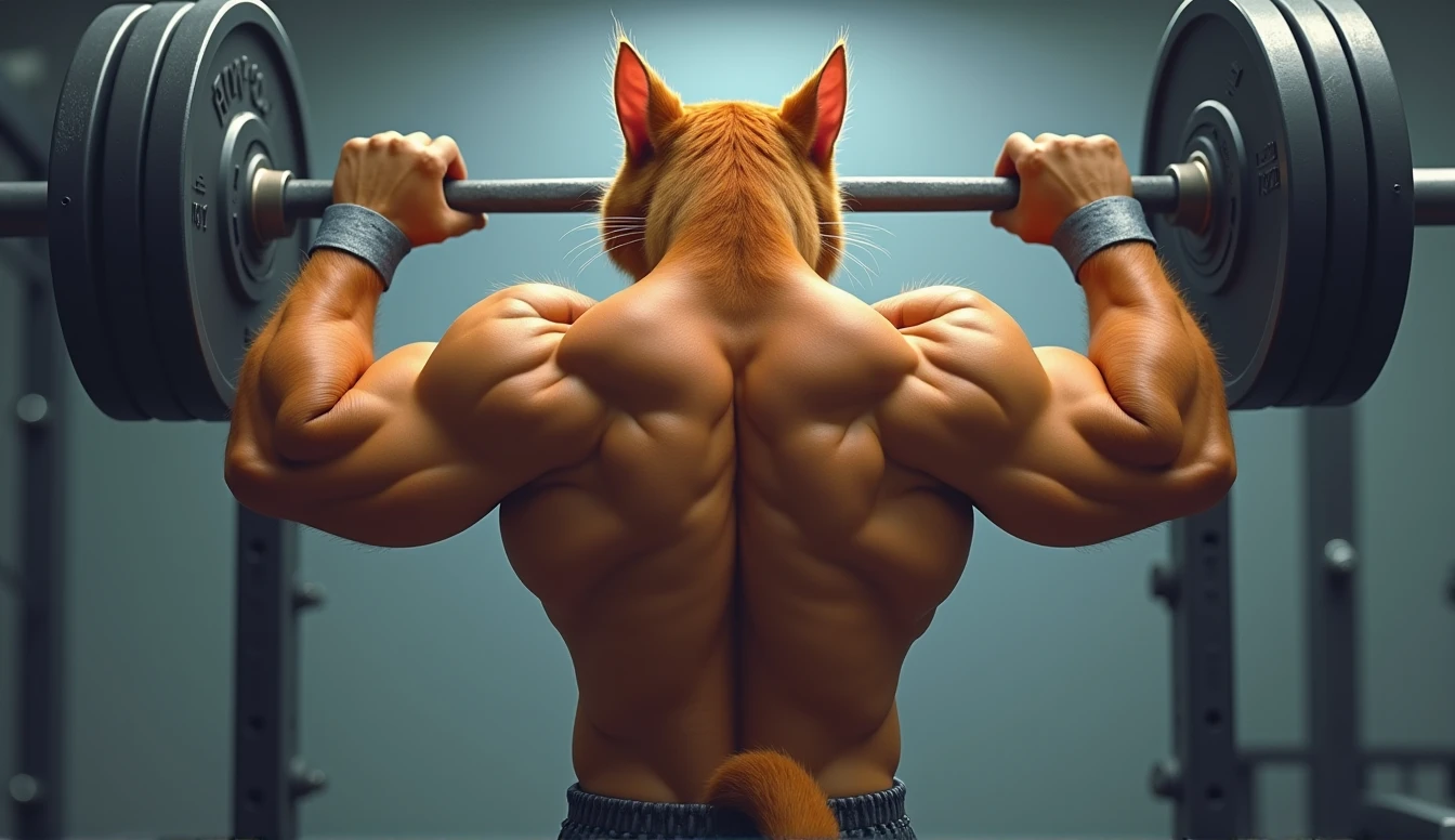 Draw a fitness cat,Standing form,Full of muscles,Portrait of American weightlifter from behind,Clean and jerk barbell,Working out at the gym。