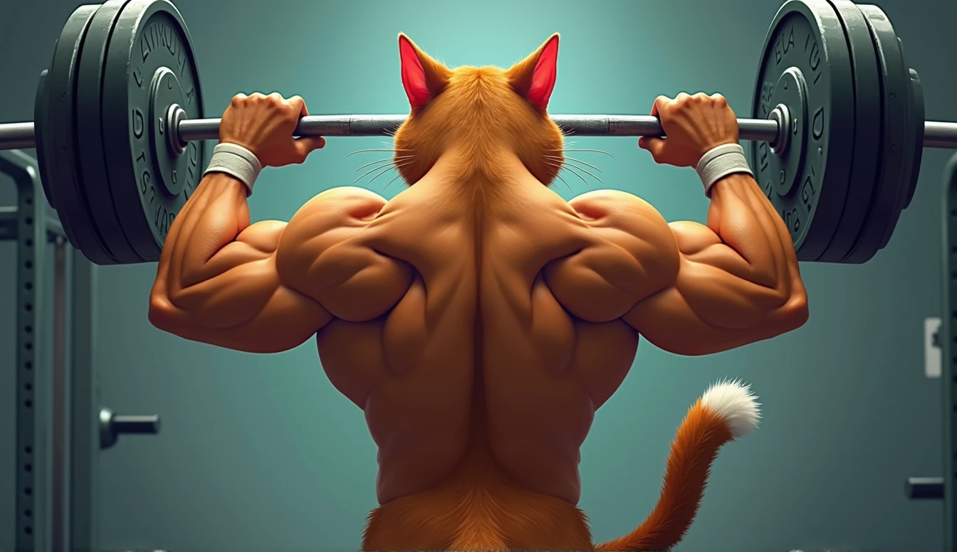 Draw a fitness cat，Standing form，Full of muscles，Portrait of American weightlifter from behind，Clean and jerk barbell，Working out at the gym。