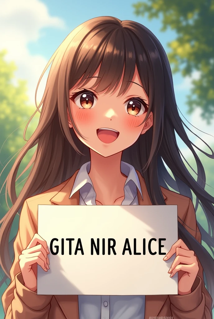 a beautiful and cute woman holding up a sign "my name is GITA NIR ALICE", joyful, happy, anime illustration, photorealistic, oil painting