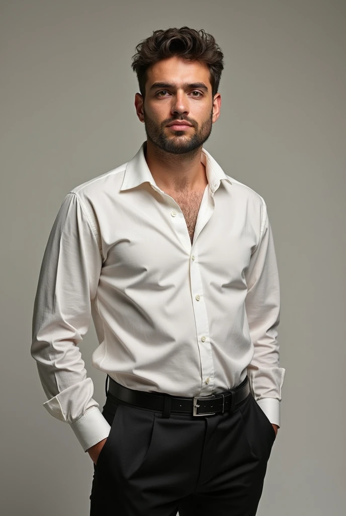 an 18 year old person from a 1.63cm white skin, thick eyebrows, a little overweight, short thick wavy hair, with a medium beard, face a little wide, rounded eyes, dressed in cloth pants and an elegant shirt