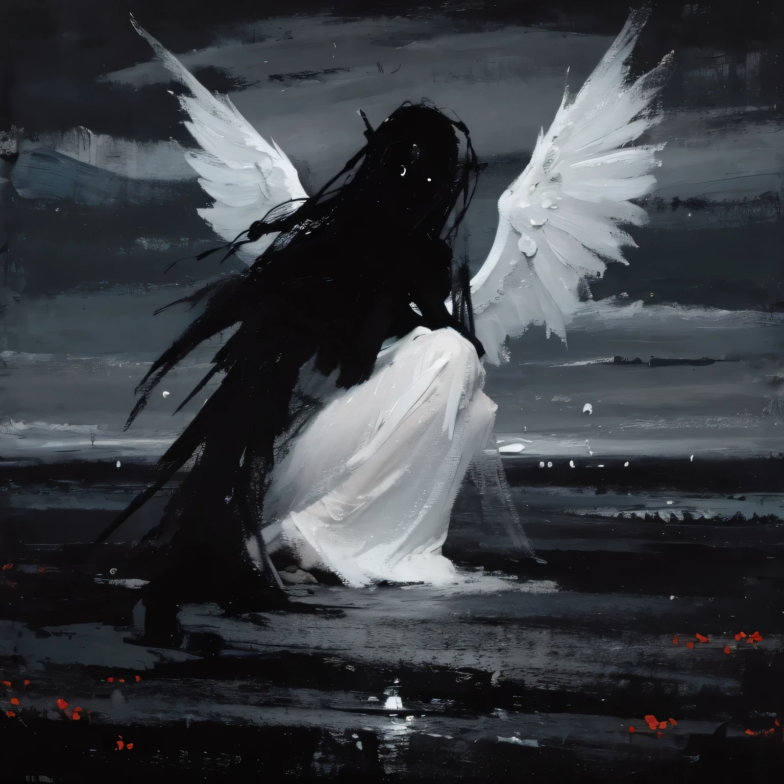 Create a dark, moody image of a figure in white with long white wings in a field of flowers in the distance of the composition. The background should be dark and atmospheric, with low clouds and dim lighting. Pay attention to the details of the wings and the overall composition to convey a sense of mysticism and dark beauty. (masterpiece, best quality, high quality, high resolution), dark, sun, monster, on the beach, oil painting