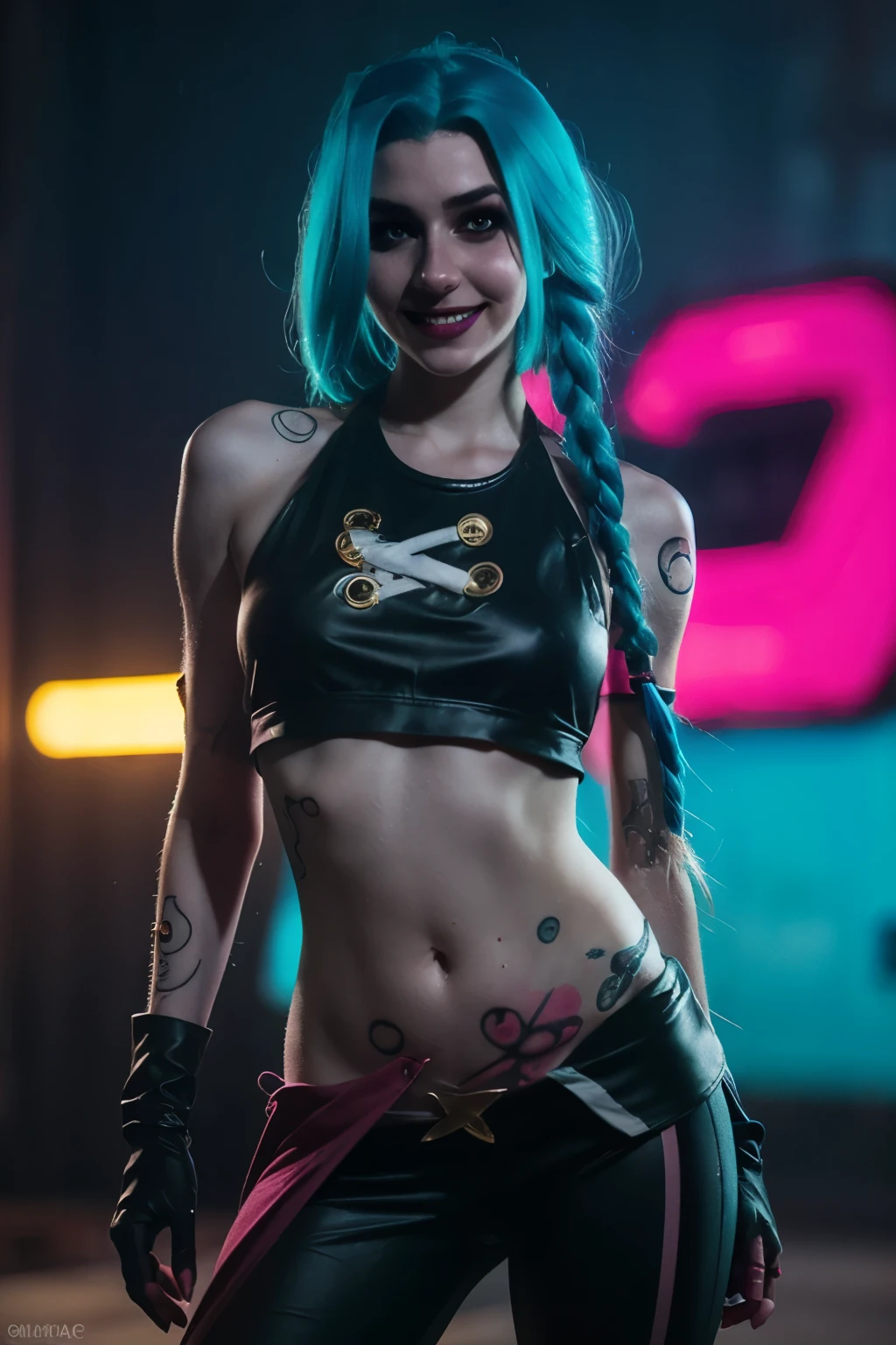 Hyper realistic super detailed Jinx cosplay ,((  girl, 15 yeVery detailed, (hyper realistic: 1.4), in dynamic pose, angry face, twin braids, long hair, blue hair, red eyes, tattooed, ((skinny body)) , ((psycho face, creppy smiling )), arcane style. ((Grunge Neon grafitti background, cinematic lighting)).