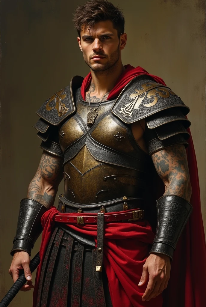 {{Masterpiece, best quality, oil painting, by Franz von Stuck, by James Tissot, by Moebius, male focus, muted colors}}, the composition is: ((((((very dramatic half body portrait of a handsome 30 year old ancient Roman guard, brown skin, tan, confident, magnificent, tattooed, brown hair. His face is tattooed, he has snake-like eyes)))))). (((((He is wearing a sheen silken, black and red ancient ronin armor with praetorian inspired elements made of alligator leather, he is wearing a red diamond shape pendant, armed with katana))))).