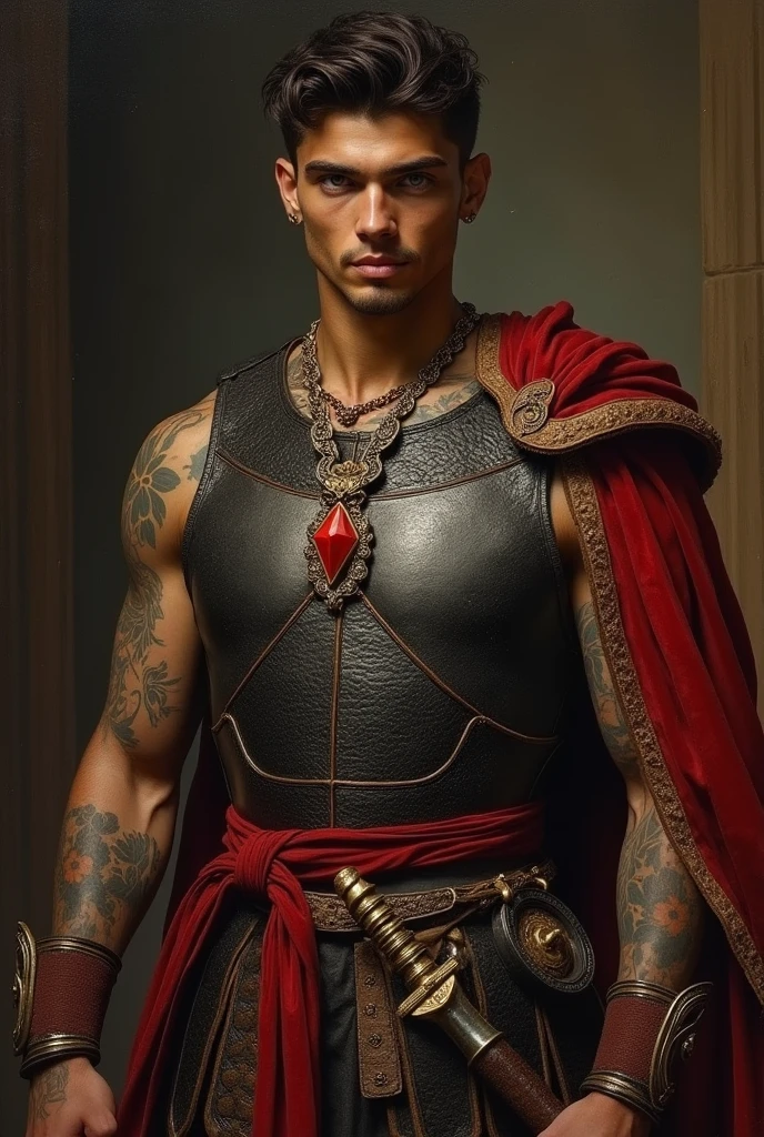 {{Masterpiece, best quality, oil painting, by Franz von Stuck, by James Tissot, by Moebius, male focus, muted colors}}, the composition is: ((((((very dramatic half body portrait of a handsome 30 year old ancient Roman guard, brown skin, tan, confident, magnificent, tattooed, brown hair. His face is tattooed, he has snake-like eyes)))))). (((((He is wearing a sheen silken, black and red ancient ronin armor with praetorian inspired elements made of alligator leather, he is wearing a red diamond shape pendant, armed with katana))))).