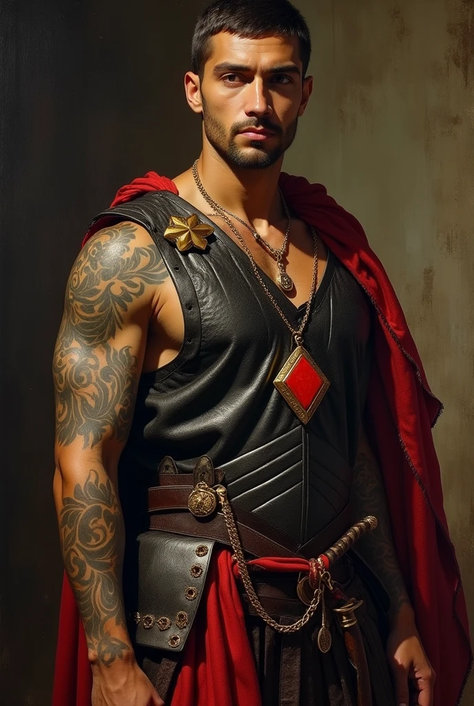 {{Masterpiece, best quality, oil painting, by Franz von Stuck, by James Tissot, male focus, muted colors}}, the composition is: ((((very dramatic half body portrait of a handsome 25 year old ancient Praetorian guard, brown skin, tan, confident, magnificent, tattooed, smiling, messy brown hair. Tattoos, His face is tattooed, he has snake-like eyes)))). (((He is wearing a black and red ancient ronin armor with praetorian inspired elements made of silk and alligator leather, he is wearing a red diamond shape pendant))).