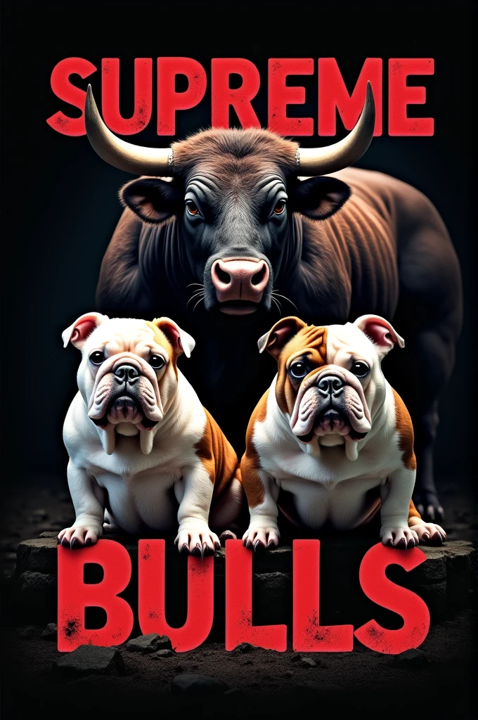 Create a tough and eye-catching cover with the words Supreme Bulls AQP with an image of chubby English Bulldogs and a wild and tough bull with a black background