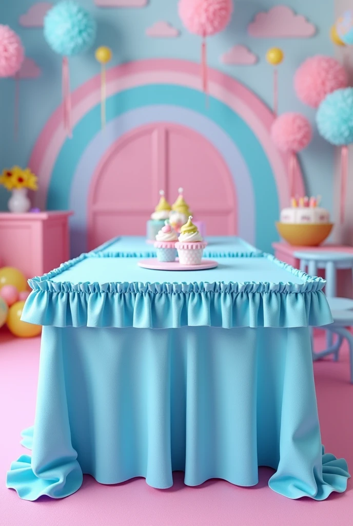 Rectangular table with blue tablecloth and ruffles on the edge of the pink table for a children&#39;s party