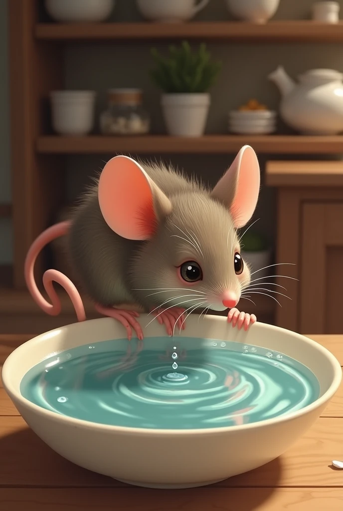 Mouse getting into a bowl of water
