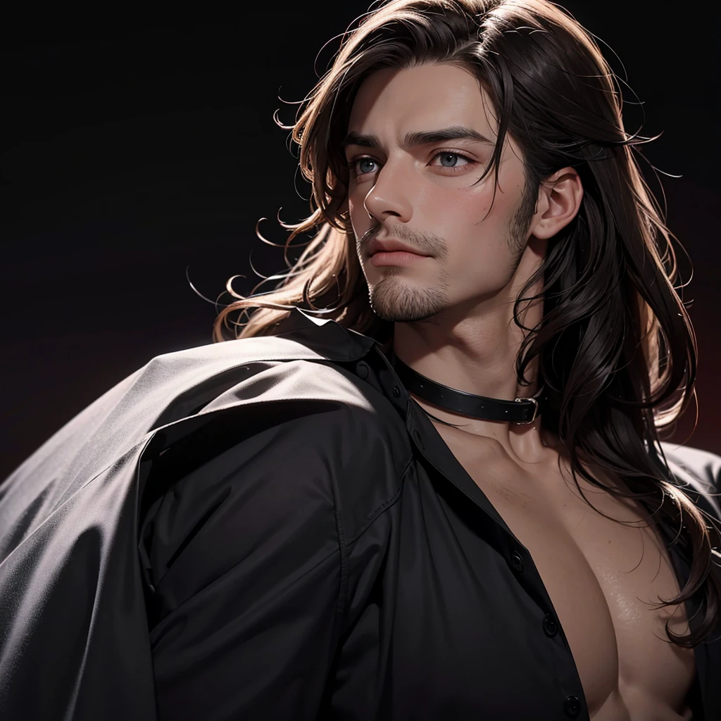 A masterpiece of the highest quality and the best beauty, showing a man with a scratch on his eye (1.2), His eyes are red, the shape of his pupils is lined like an animal. dark, black background, only showing the head, back shirt, the collar of his shirt covers his neck, no beard, no moustache, long hair to the front
