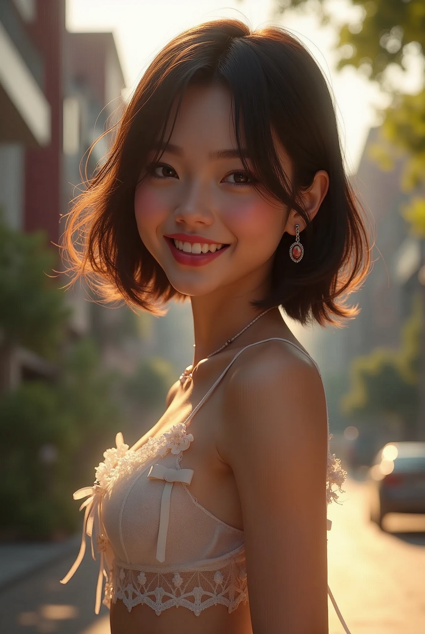 8k, masterpiece, raw photo, Best Quality, photorealistic, extremely detailed CG unity 8k wallpaper, depth of field, cinematic light, Lens flare, ray tracing, 1 realistic cute girl,(extremely beautiful face, Beautiful lips, beautiful big smile showing white teeth, pretty eyes,light eyes, (Pale skin), (large eyes), Look forward,big breasts,wasp waist (narrow),medium hips, beautiful and slim legs ), face with many details, ((ultra detailed skin)) In the dark, deep shadow, (very slim athletic body.:1.3), ((short brown bob hair), (looking at the viewer:1.3)),(big smile showing beautiful white teeth:1.3), (sheer white sleeveless cropped blouse with lace and bows unbuttoned)), (Daylight Large buildings, tree,urban landscape, Roofs, Beautiful earrings, open chest, (very thin), ((red high heels)), black leather cropped mini skirt(extremely short), shoulder bag, full body portrait,walking towards me,