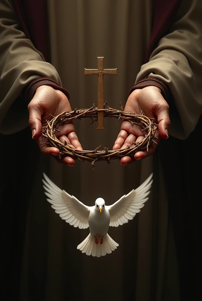 Jesus christ hands holding crown and cross in middle and white dove below with black background