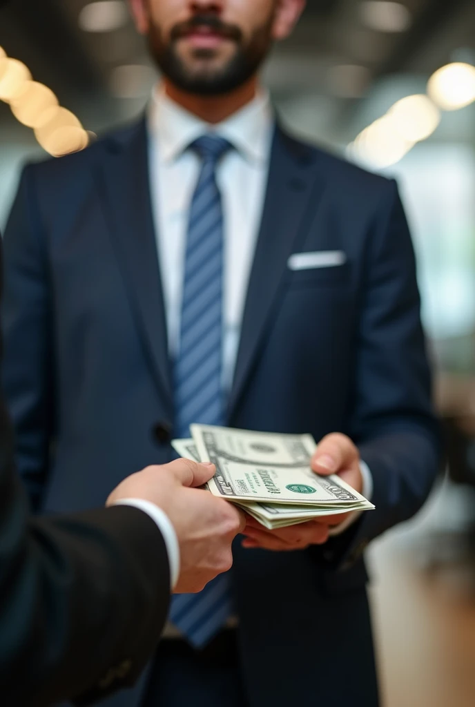 create an image of an investor, paying a client in cash. with an office background, in 9x16 format