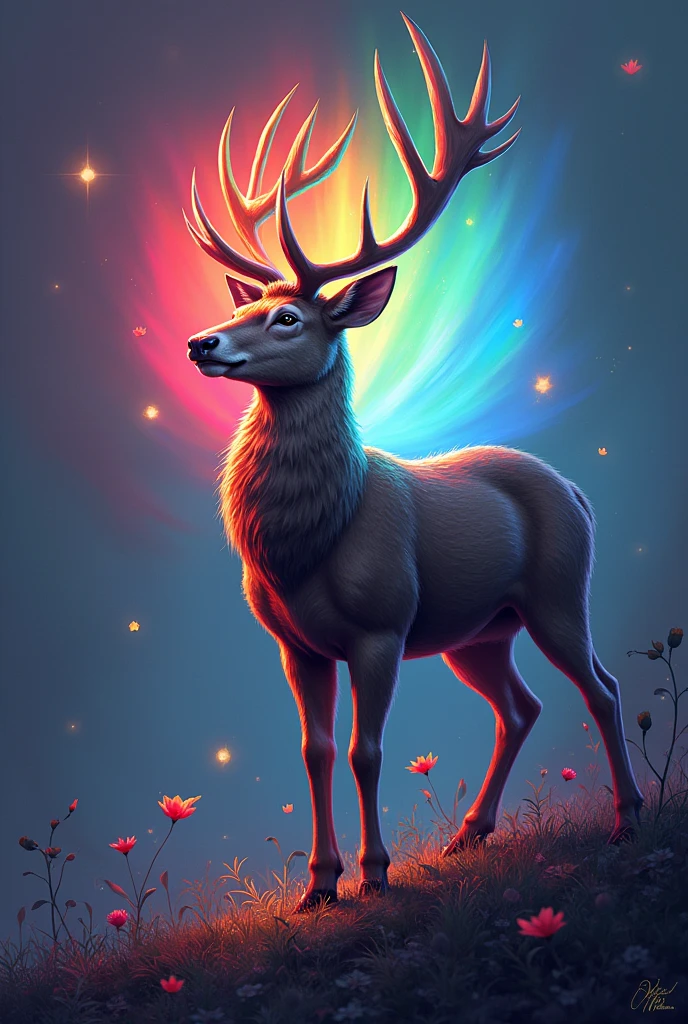 Fantasy,deer,From the neck up,profile,周囲はカラフルなrainbow色の花に囲まれている,rainbow