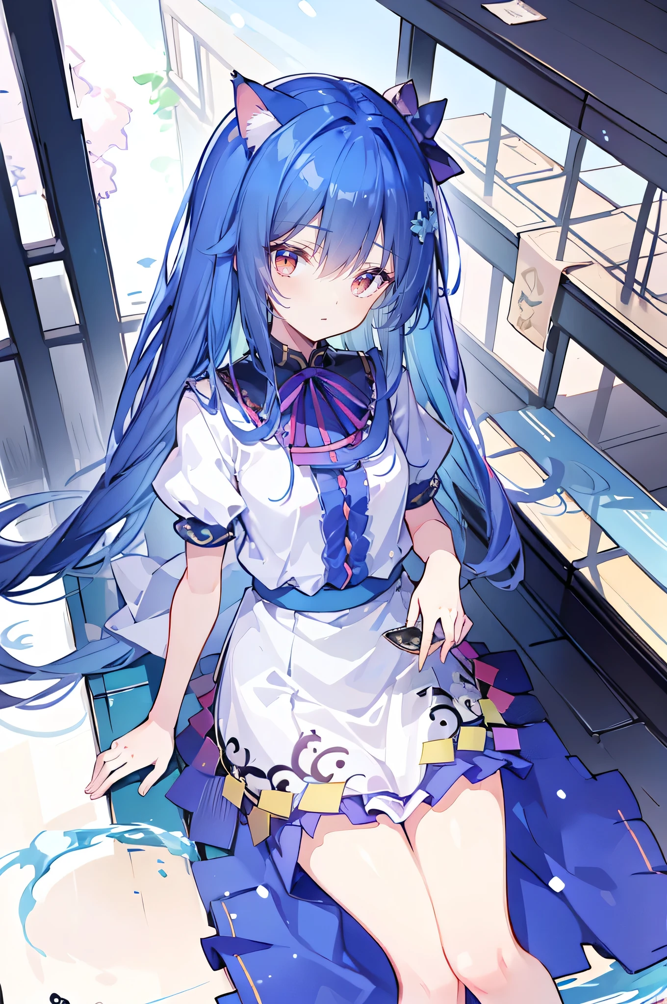 (masterpiece:1.2),Ultra-detailed,lifelike,The eyes are expressive,Fair skin,Perfect face shape,1 girl,
Japanese Manga,Gorgeous blue hair,Flowing blue hair,Flowing clothes,Cat's ears,Petals falling,Beautiful Lola,little angel,
Cross your legs,Gentle and peaceful background,The pavilion is cool and comfortable,Smile,Tokyo background,background,snow,winter,Back。