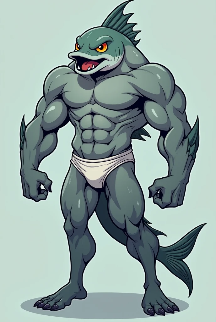 A muscular humanoid fish grey wearing a speedo making a double biceps, cartoon style