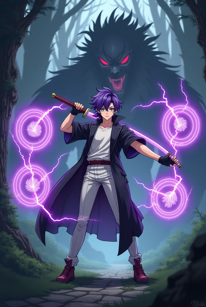 An anime-style scene set in a dense, mystical forest. The character, a Genshin Impact-inspired warrior, stands at 187 cm with average but striking features. He has purple hair styled in a mullet haircut, green eyes, and a soft yet fierce expression, with his left eye flaring violet. He's dressed in a black overcoat, white pants, and a matching white T-shirt. The character is in a dynamic, full-body pose, showcasing his strength and agility as he swings a katana sword with his left hand. The katana is enveloped in purple lightning. Behind him, three purple mana circles with crackling lightning power glow ominously, highlighting his magical abilities.The background features a large, menacing dragon emerging from the shadows, creating an intense battle atmosphere.
