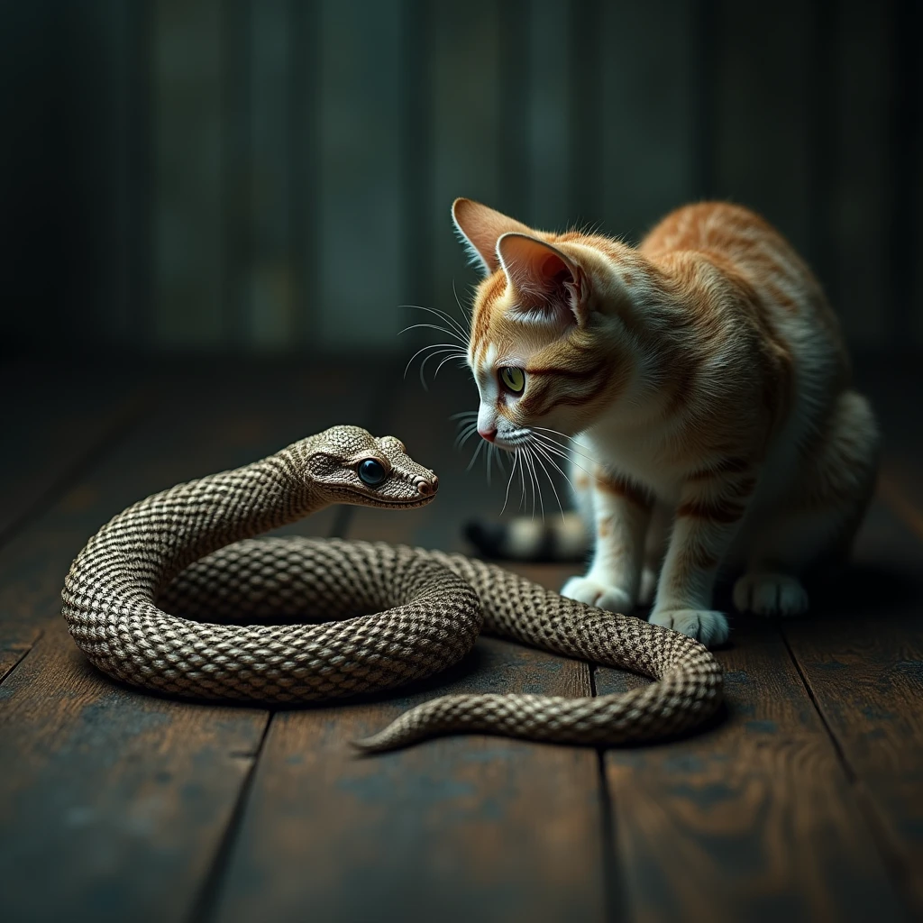  In a mysterious setting, a cat encounters a coiled snake made entirely of twisted wire. The scene is photorealistic with intricate details, highlighting the cat's curiosity and the unique texture of the wire snake.