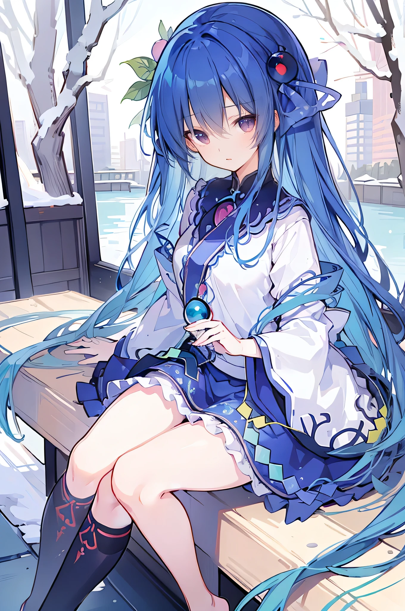 (masterpiece:1.2),Ultra-detailed,lifelike,The eyes are expressive,Fair skin,Perfect face shape,1 girl,
Japanese Manga,Gorgeous blue hair,Flowing blue hair,Flowing clothes,Cat's ears,Petals falling,Beautiful Lola,little angel,
Cross your legs,Gentle and peaceful background,The pavilion is cool and comfortable,Smile,Tokyo background,background,snow,winter,Back。