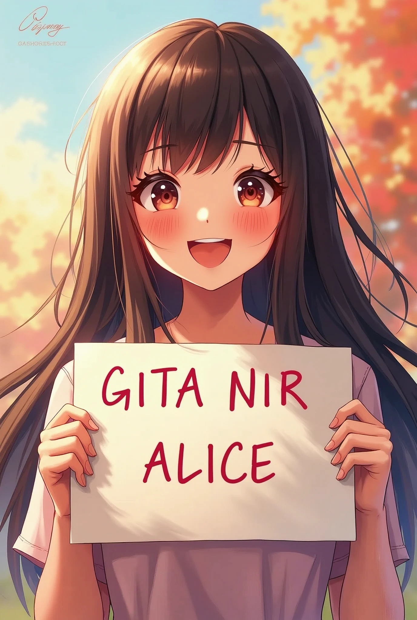a beautiful and cute woman holding up a sign "my name is GITA NIR ALICE", joyful, happy, anime illustration, photorealistic, oil painting