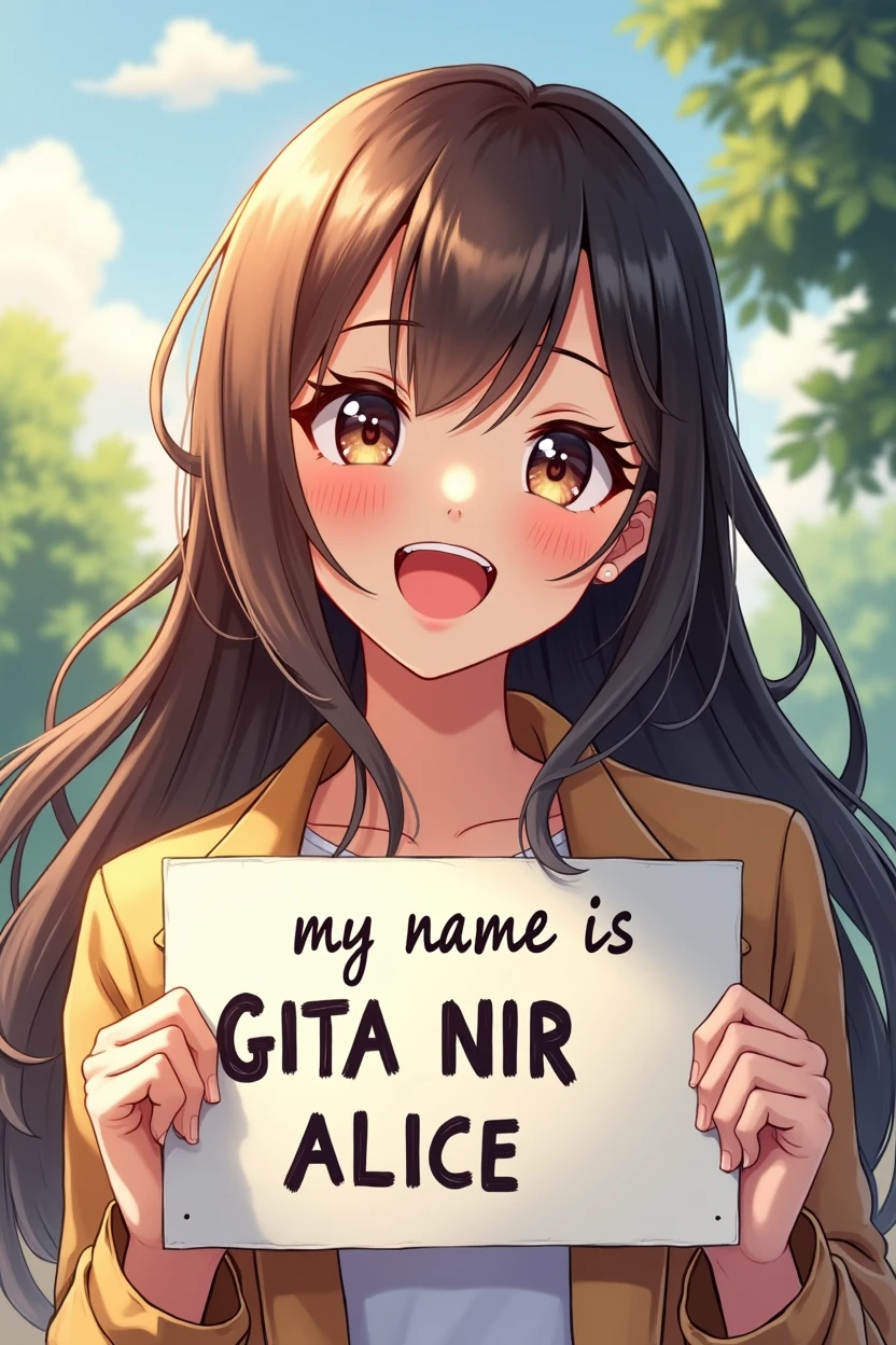 a beautiful and cute woman holding up a sign "my name is GITA NIR ALICE", joyful, happy, anime illustration, photorealistic, oil painting